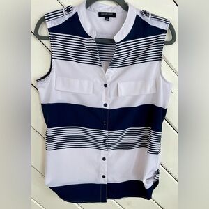Notations Navy Blue and White Striped Button Down Shirt Nautical